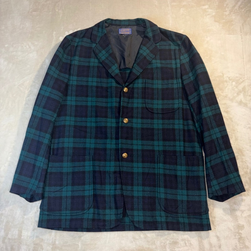Vintage 60s Pendleton Black Watch Plaid Wool Blazer Mens 42 Gold Button USA Made